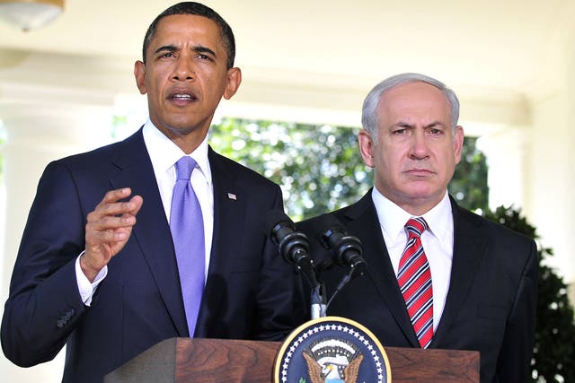 Barack Obama with Benjamin Netanyahu outside the White House last year