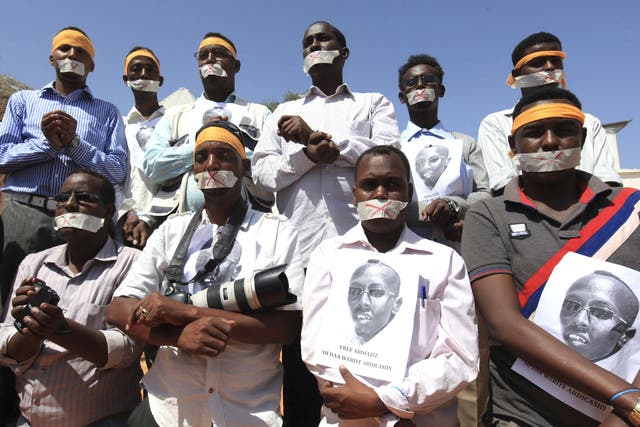 Somali journalists in Mogadishu protest as they demand for the release of a colleague Abdiaziz Abdinur Ibrahim 
