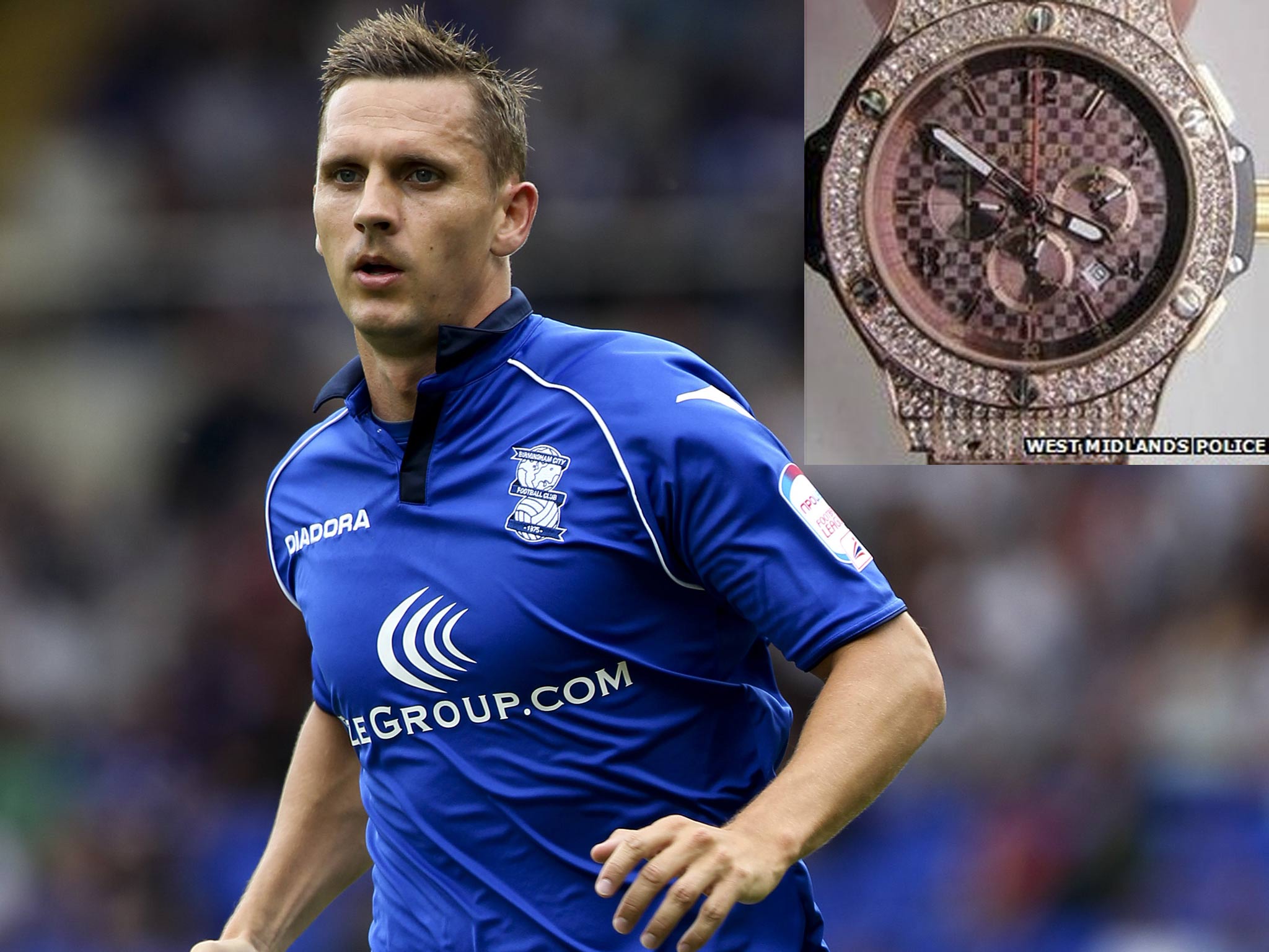 Peter Lovenkrands, plus inset, an image released by West Midlands police of a similar diamond-encrusted Hublot watch