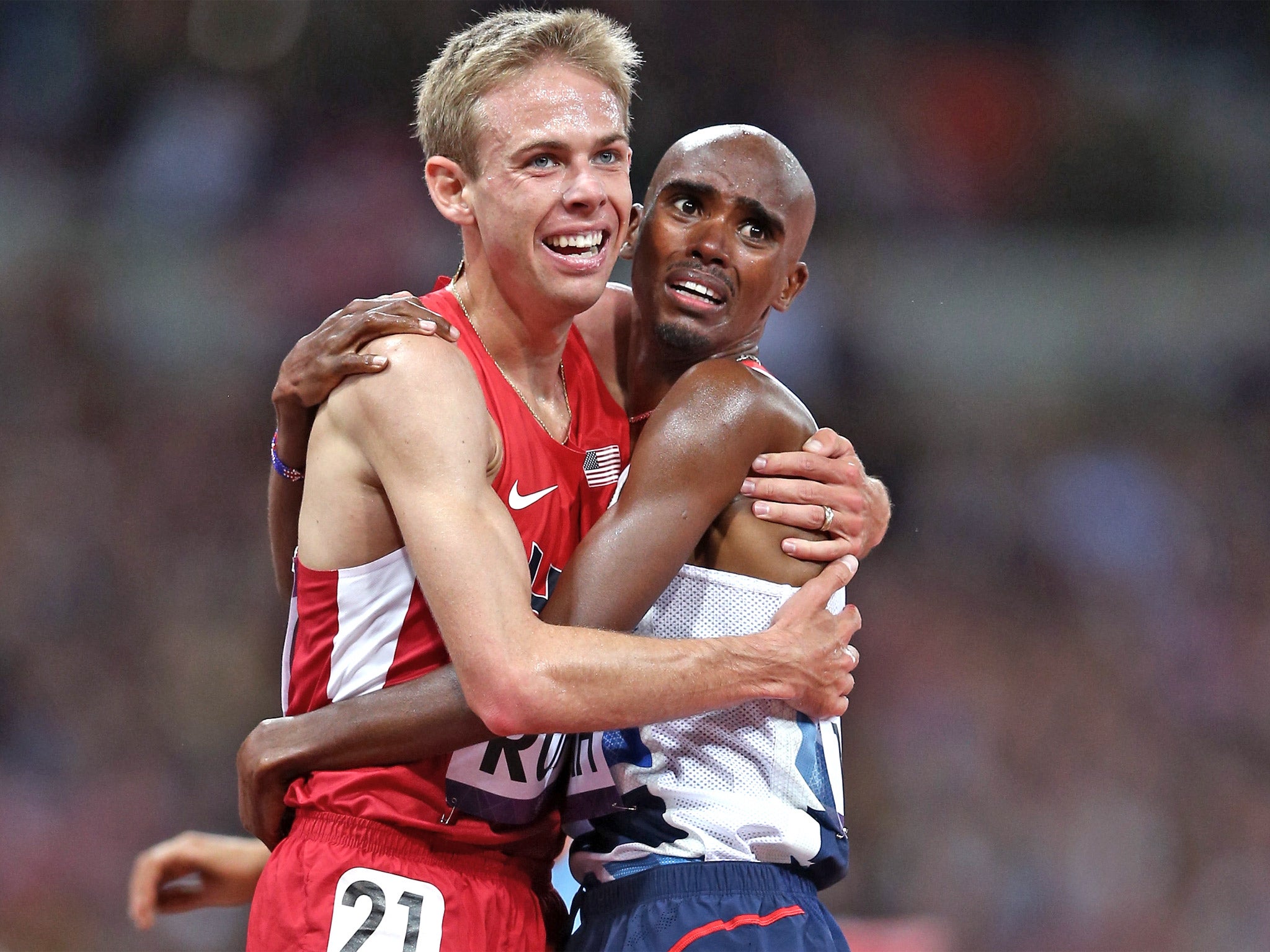 Rupp and Farah after the Olympic Men's 10,000m Final