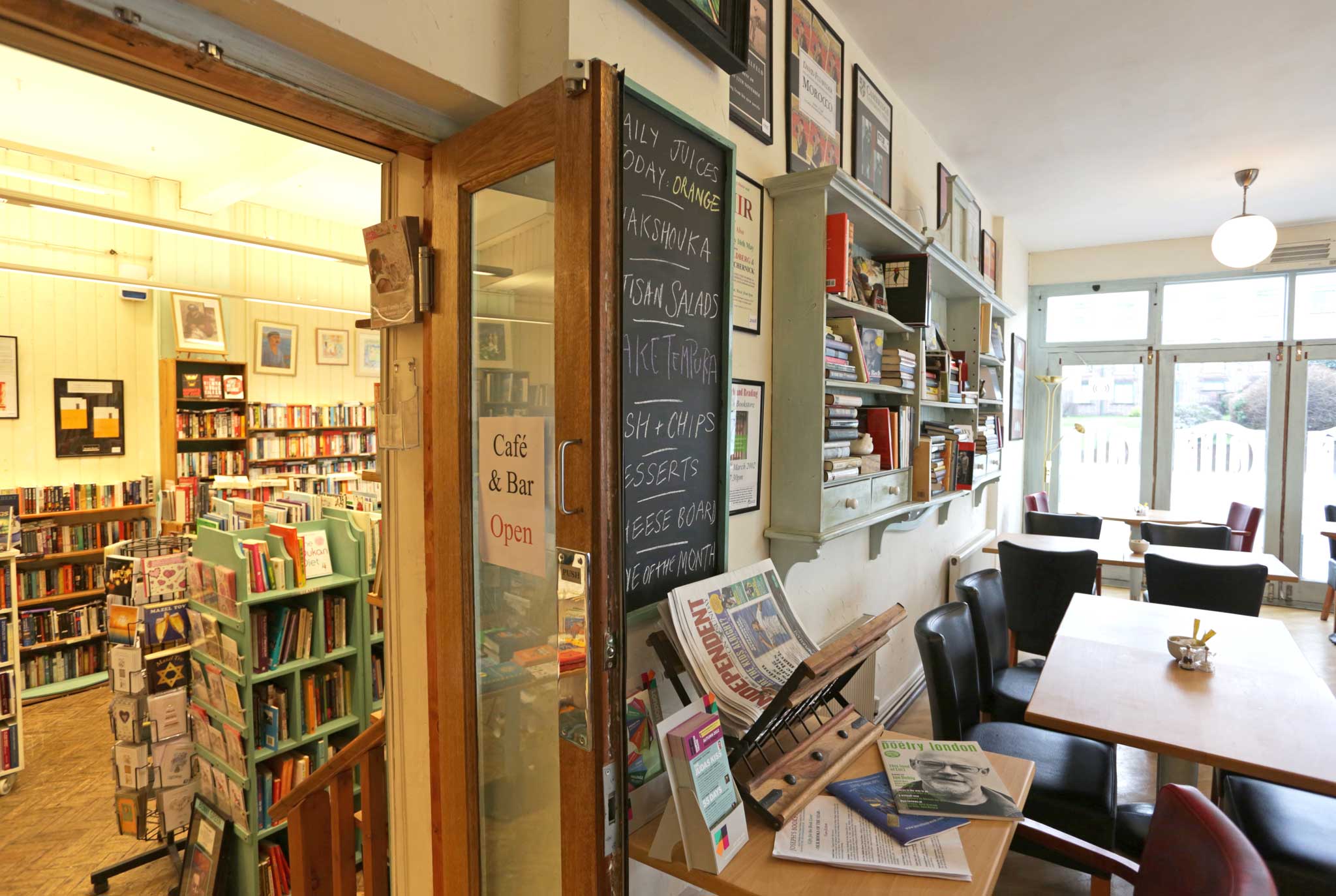 A literary feast: Café Also looks like a canteen of a serious seat of learning, with Quakerish tables, leather chairs and a long bookshelf in distressed, green-painted wood