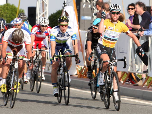 Mark Cavendish celebrates his third stage victory in a row