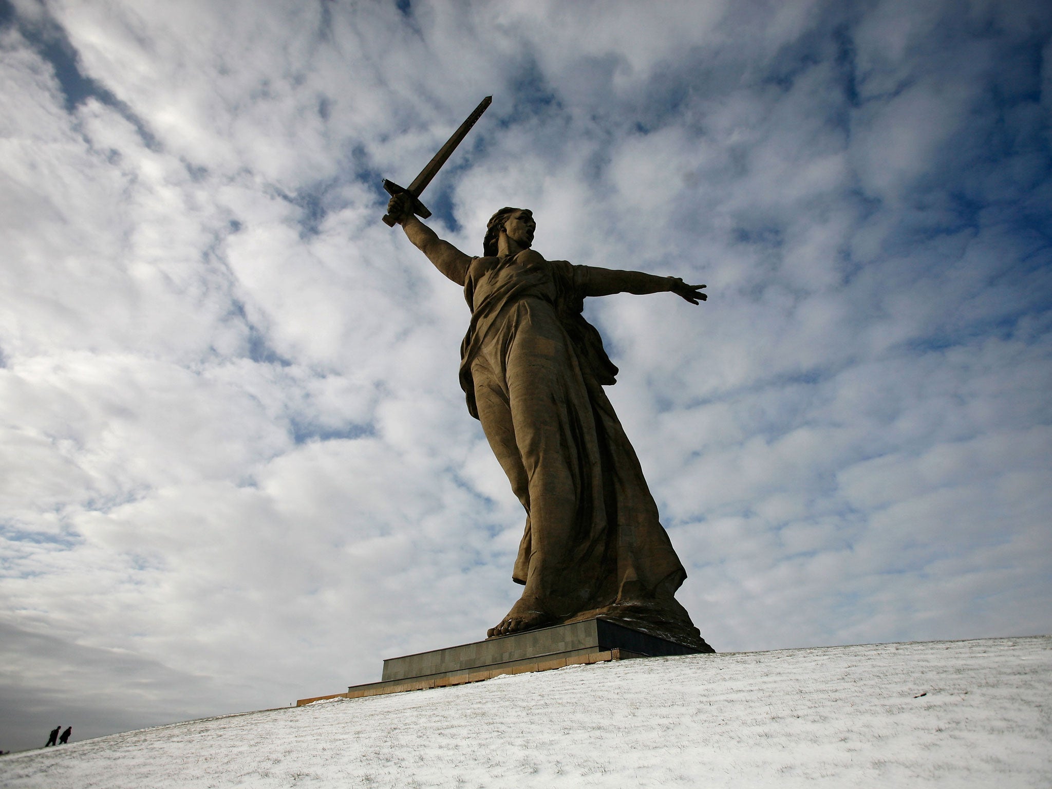 A general view of the 85 metre tall statue 'The Motherland is Calling' which stands atop Mamayev Kurgan on November 16, 2011 in Volgograd, Russia.