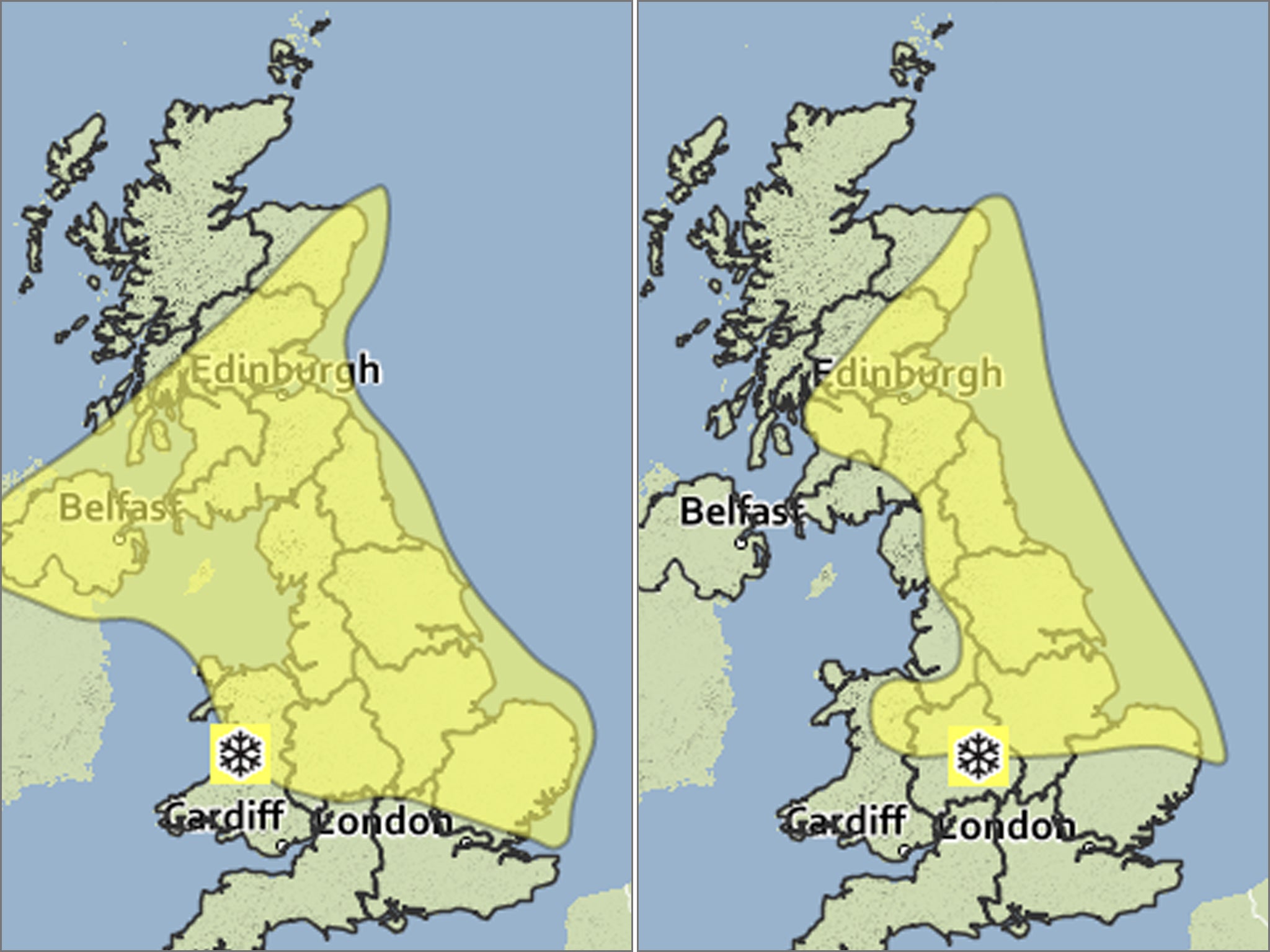 Excerpts from the Met Office maps showing yellow snow alerts fro Saturday (left) and Sunday