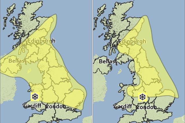 Excerpts from the Met Office maps showing yellow snow alerts fro Saturday (left) and Sunday