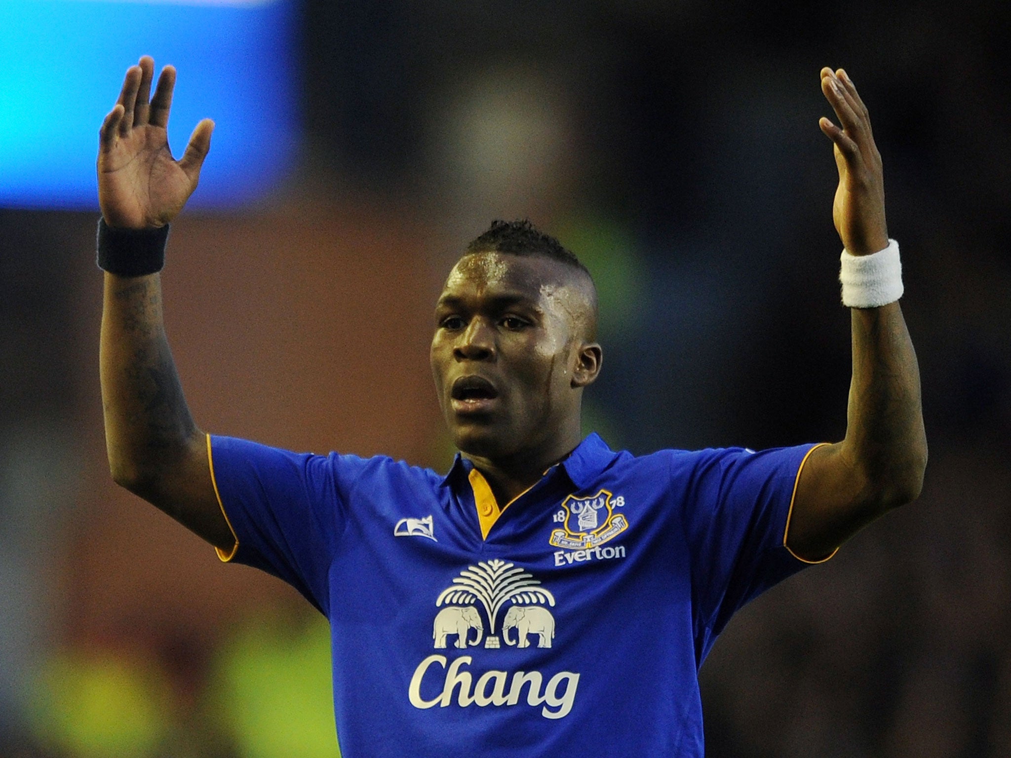 Royston Drenthe of Everton reacts during the Barclays Premier League match between Everton and Blackburn Rovers
