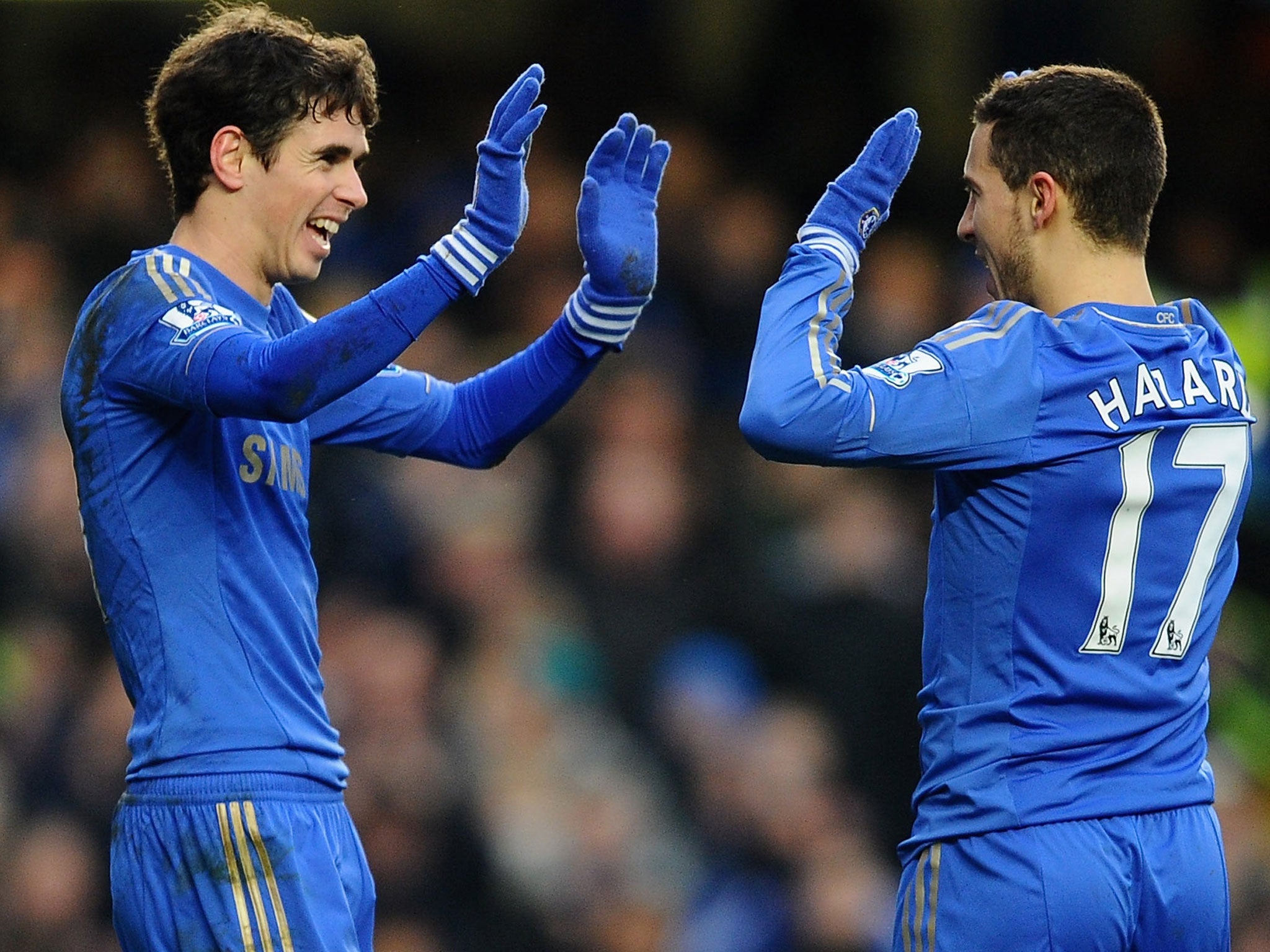 Eden Hazard and Oscar of Chelsea celebrate the Belgian's goal