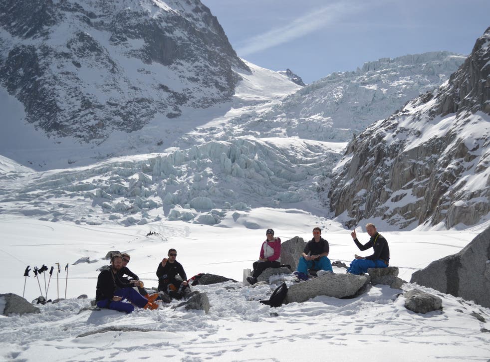 Perfect peak: Simon Usborne, far left, lunches with friends in the Vallée Blanche