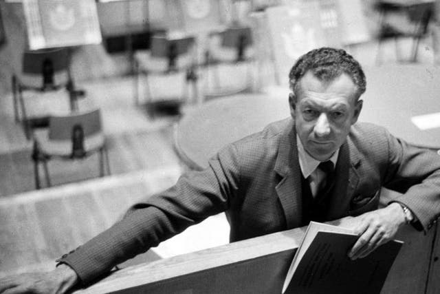 Benjamin Britten at the Royal Festival Hall, London, holding the score of his cantata 'Voices For Today'