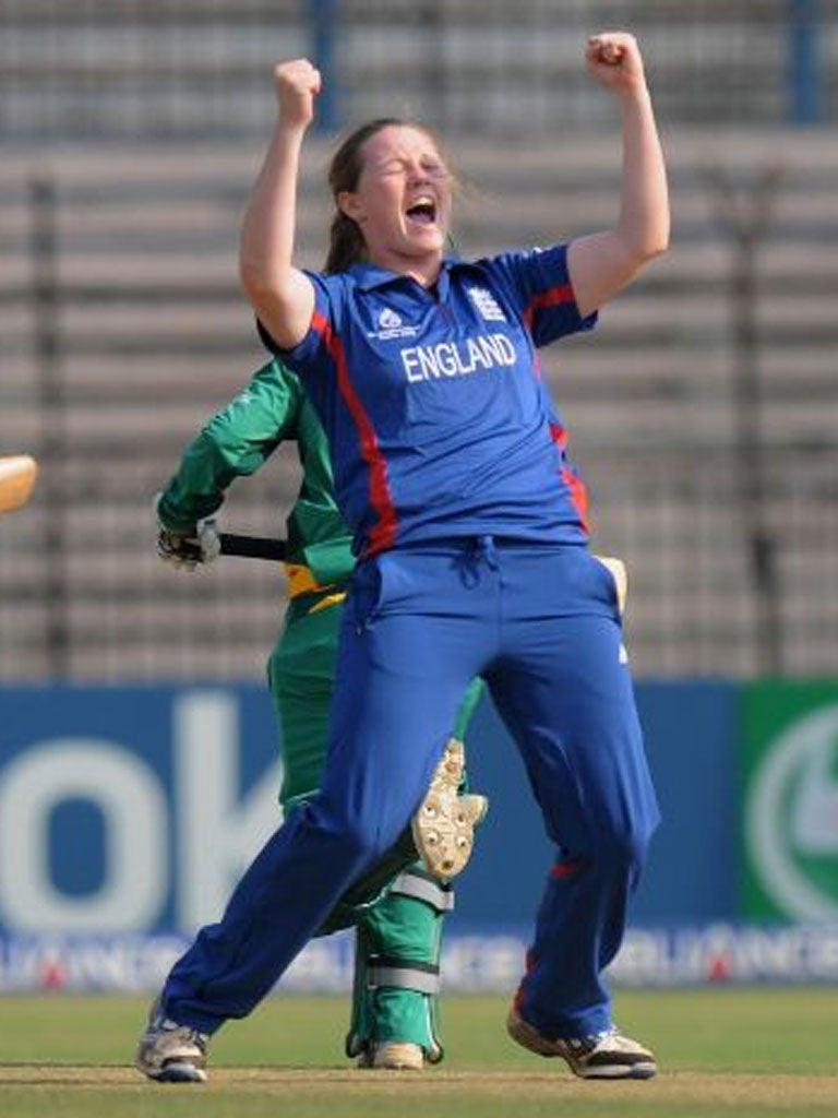Anya Shrubsole celebrates one of her wickets against South Africa