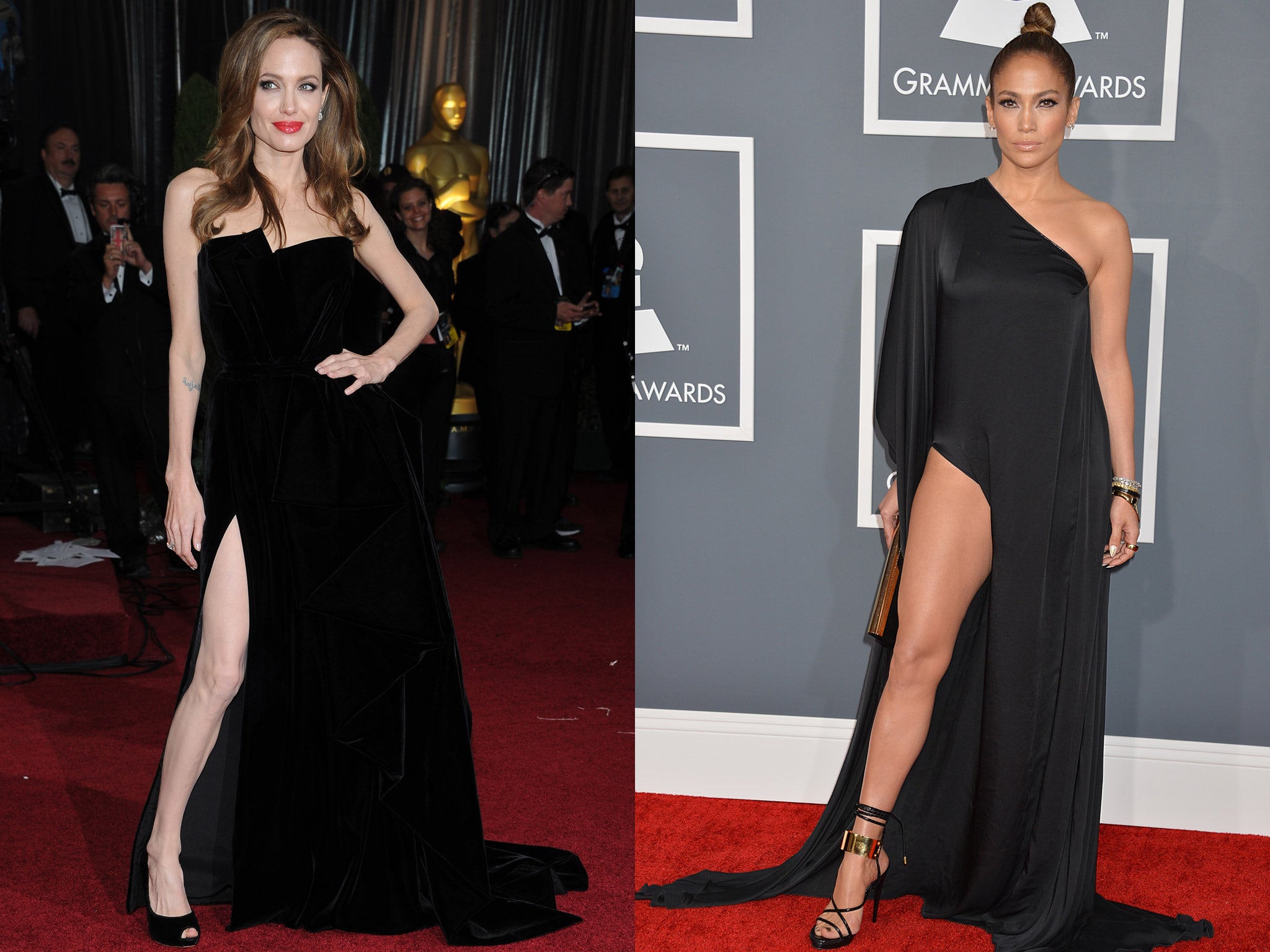 Angelina Jolie (left) at last year's Oscars in 'that' dress and Jennifer Lopez at this year's Grammys