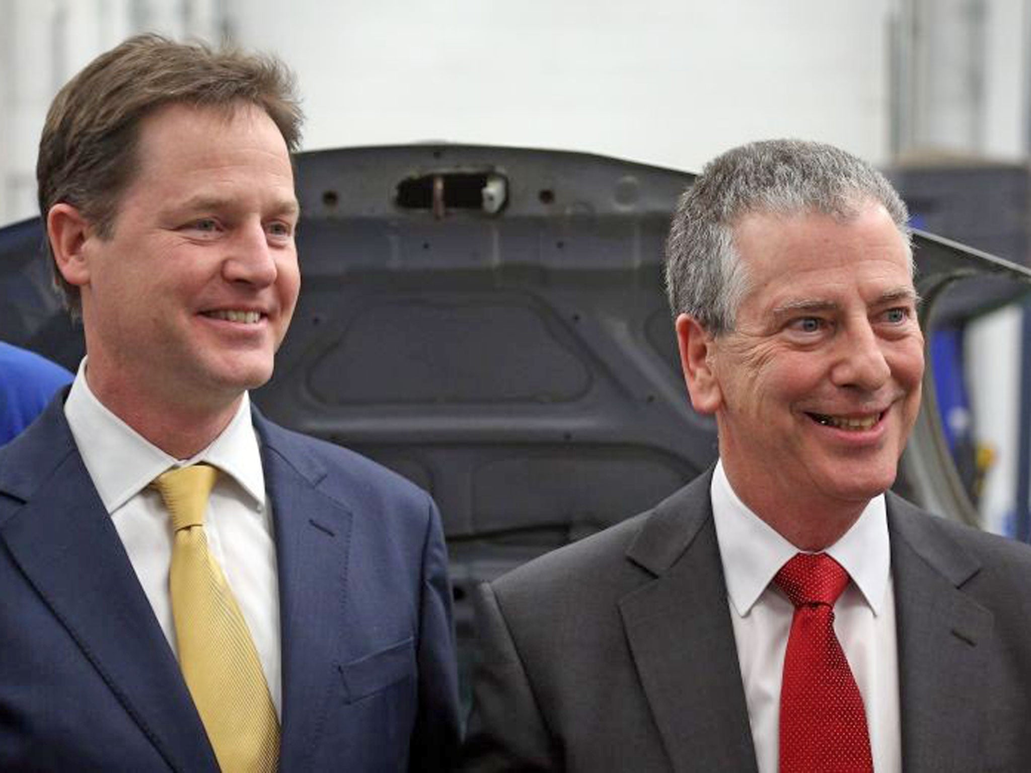 Mike Thornton, with Nick Clegg (left) at automotive studies department of Eastleigh College