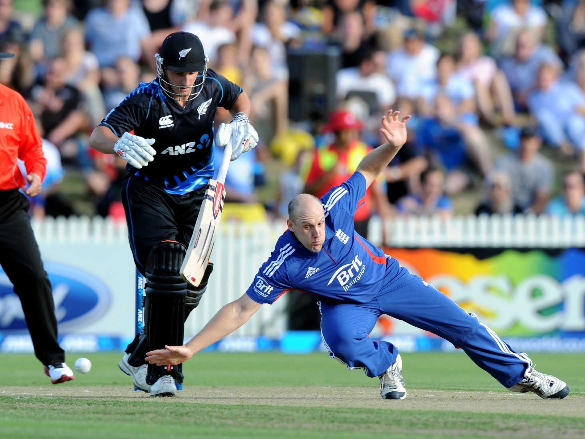 England's James Tredwell dives in front of New Zealand's Hamish Rutherfored