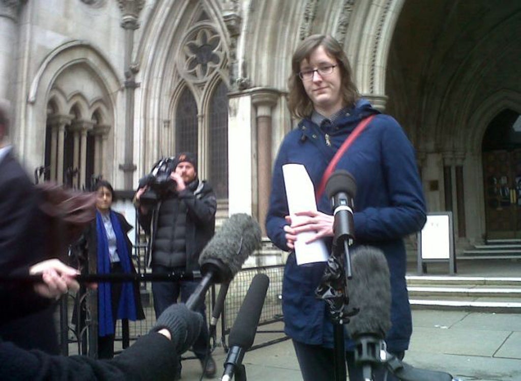 Cait Reilly speaks to the media after she won a Court of Appeal ruling that a Government flagship back-to-work scheme requiring her to work for free at a Poundland discount store was unlawful