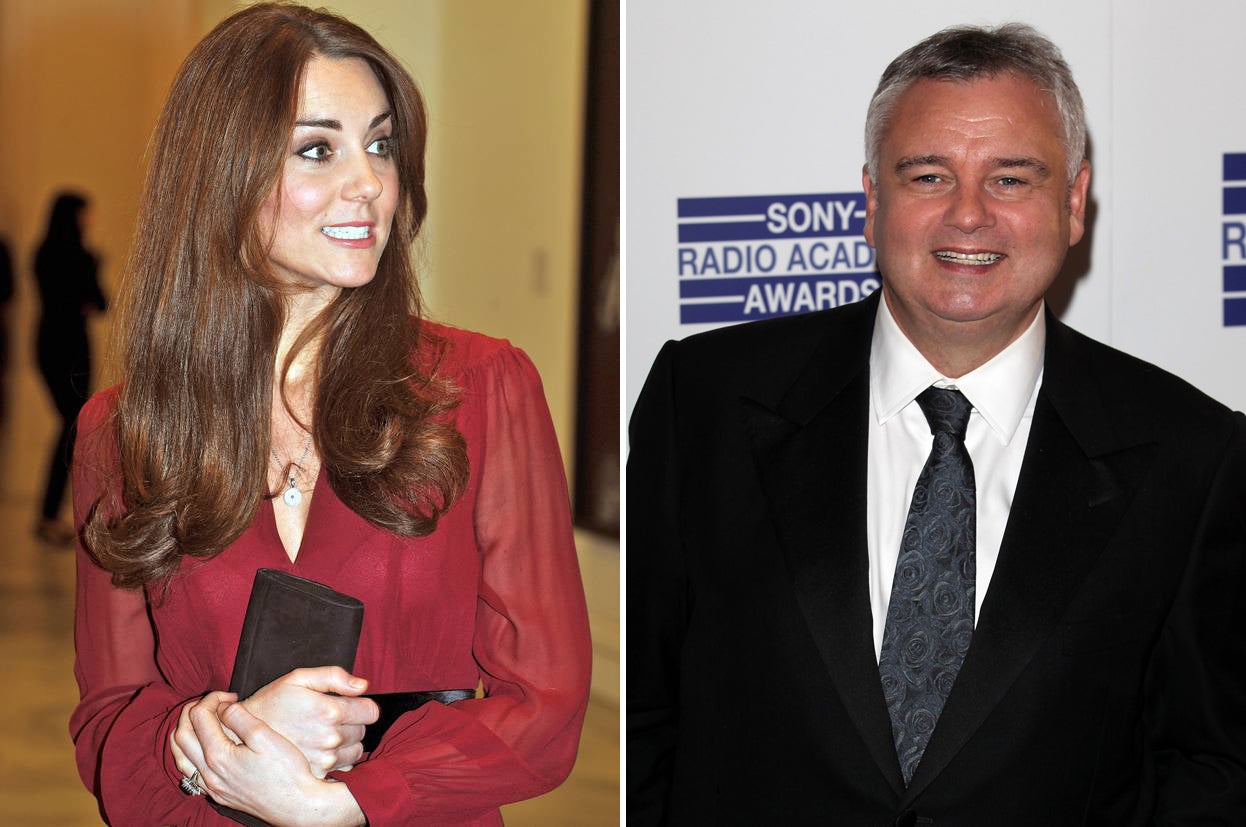 The Duchess of Cambridge, currently five months pregnant, and Eamonn Holmes, who was forced to make an on-air apology on This Morning today after an unblurred image of the Italian magazine front cover featuring the Duchess of Cambridge in a bikini "accide