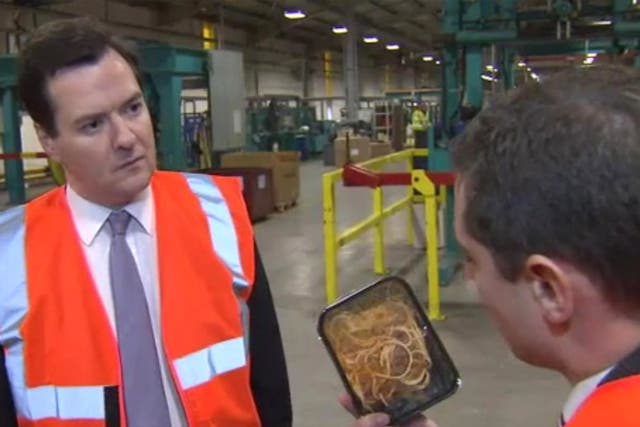 Confronted with a £1.50 spaghetti bolognese, it was hard to tell if the Chancellor looked queasy at questions over the safety of meat products or the thought of digging in to the ready-meal. Asked if he would be prepared to eat the dish, George Osborne sa