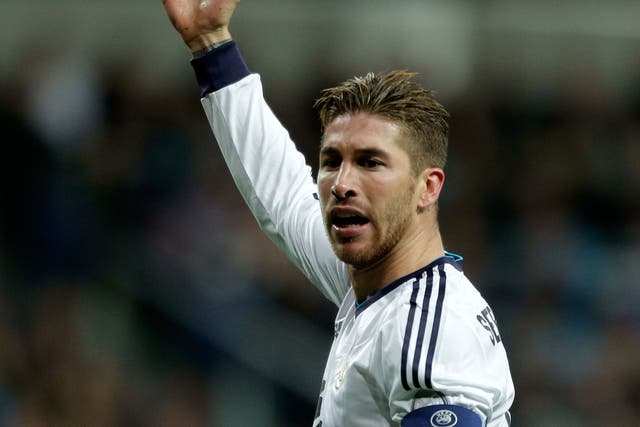 Sergio Ramos of Real Madrid reacts during his side's game against Manchester United