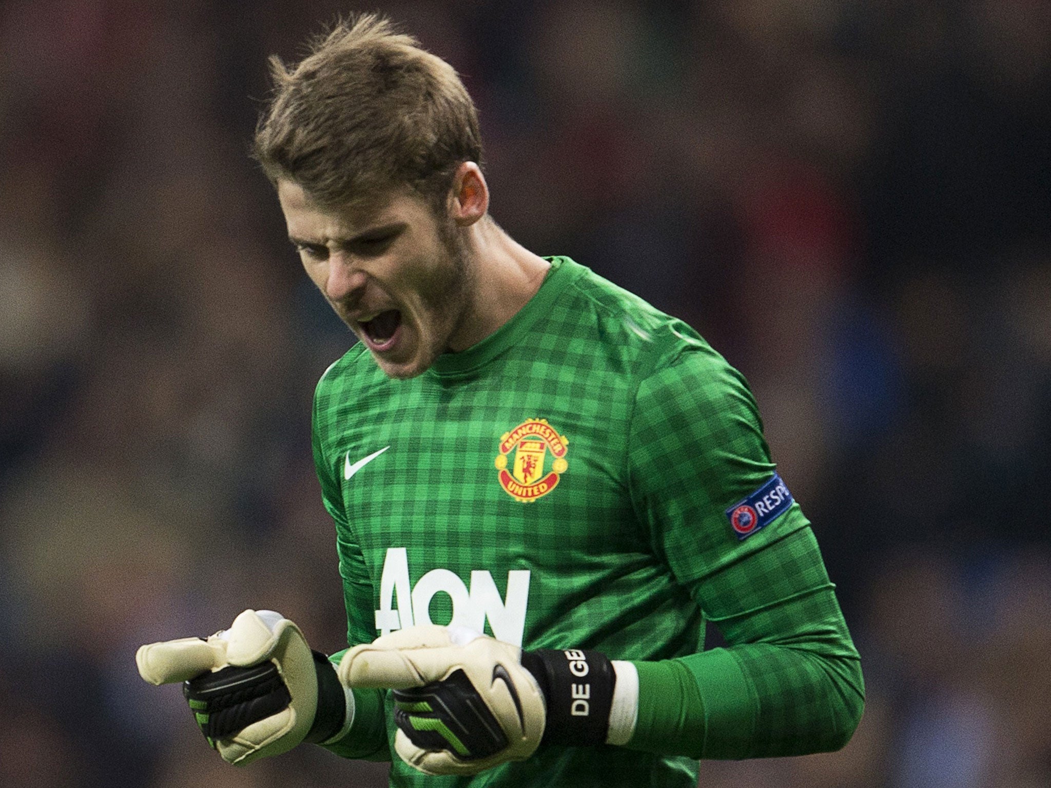 Manchester United goalkeeper David de Gea celebrates at the end of Wednesday’s match at the Bernabeu