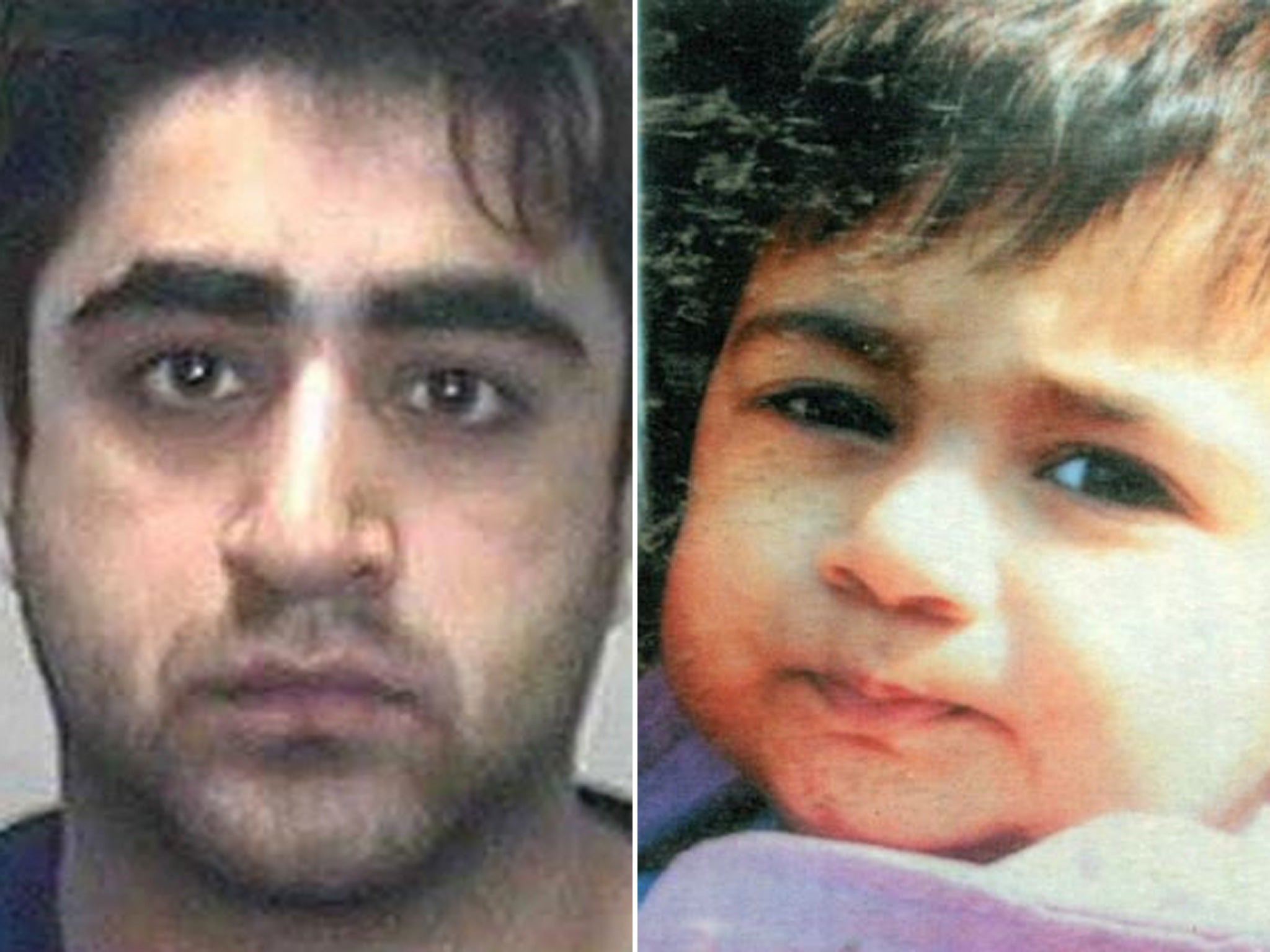 A West Yorkshire Police handout photo of Subhan Anwar (left) who was jailed in 2009 for torturing and murdering two-year-old Sanam Navsarka (right)