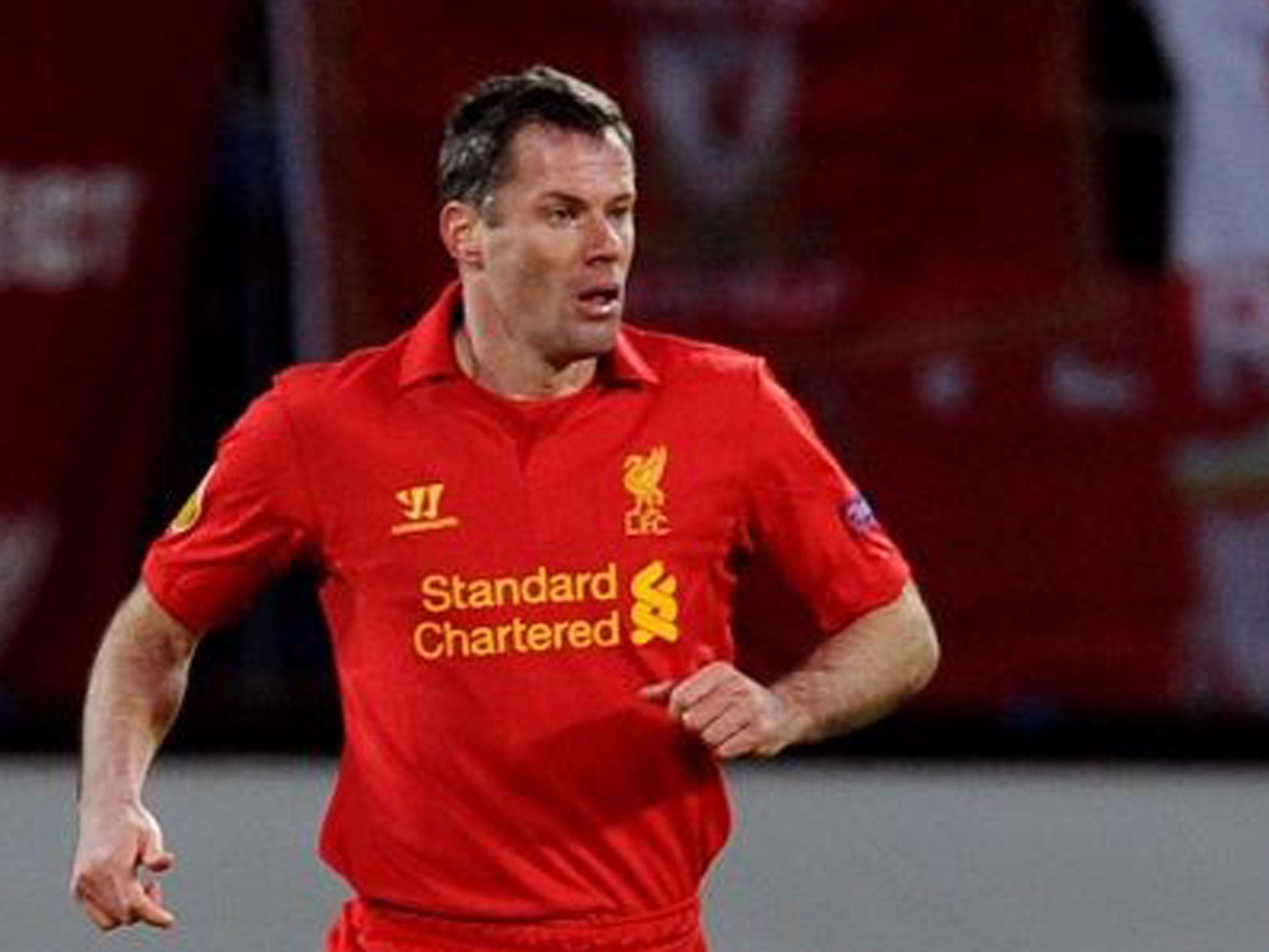 Liverpool's Jamie Carragher playing against Zenit St Petersburg on Thursday
