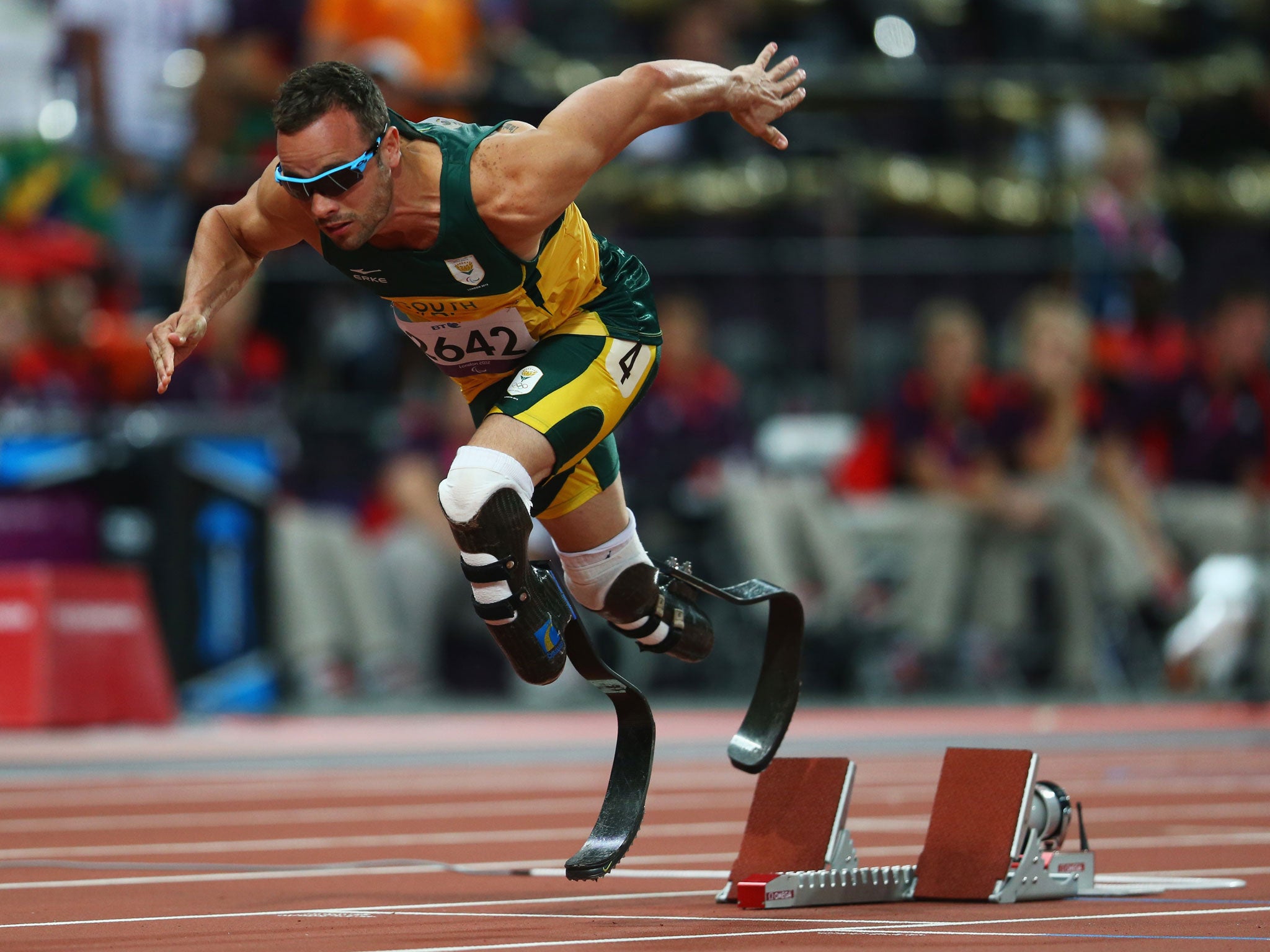 Oscar Pistorius launches out of the blocks during last year’s Paralympics