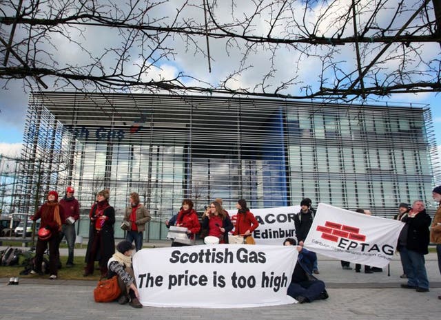 Demonstrators against rising energy bills make their point outside Scottish Gas HQ in Edinburgh yesterday
