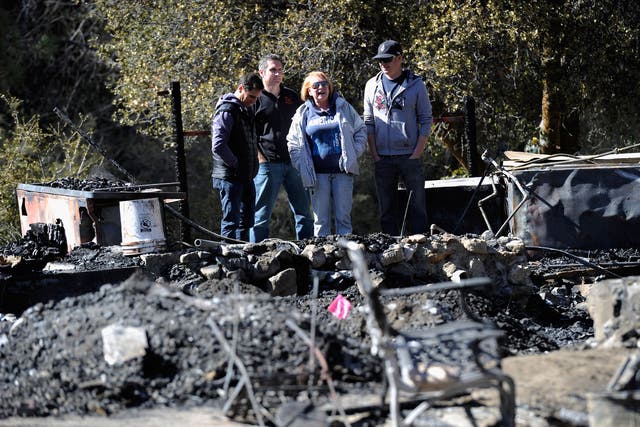 Candy Martin (centre) surveys the damage with family members and friends at her burned-out cabin where the remains of multiple murder suspect and former Los Angeles Police Department officer Christopher Dorner were found on Friday