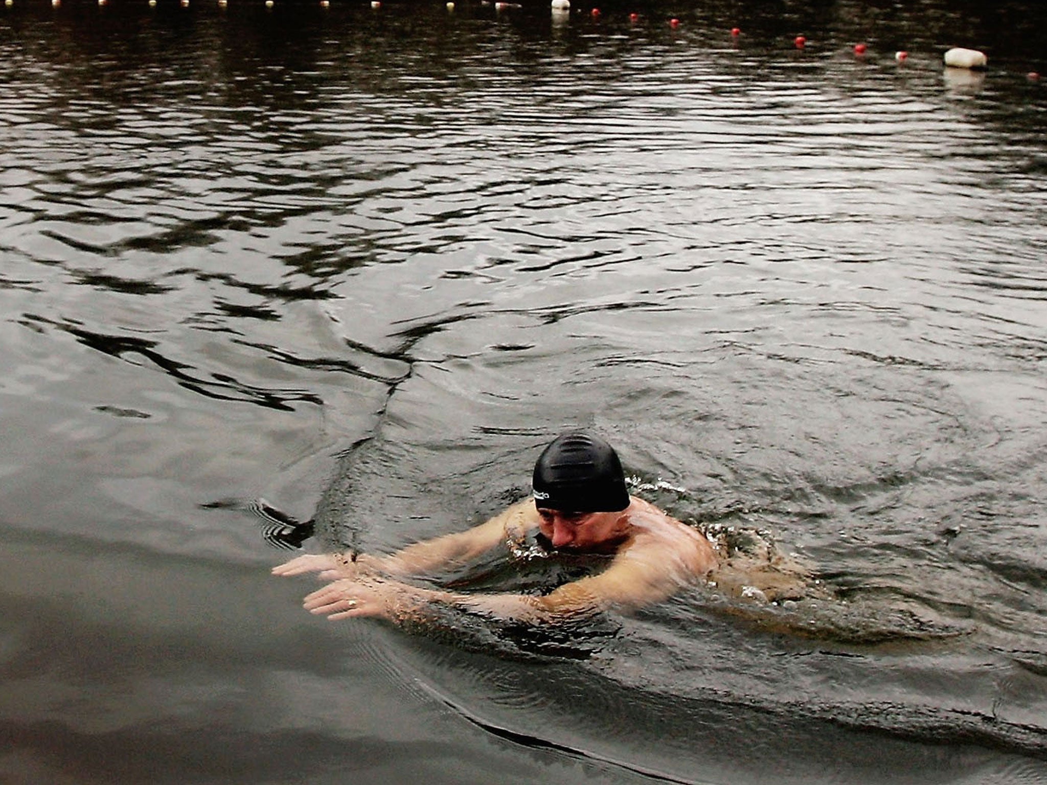 In the deep end: A bather at the Hampstead Heath men’s pond, north London