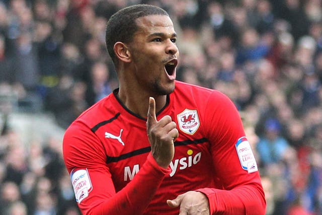 Two-timer: Cardiff’s Frazier Campbell celebrates scoring his second goal