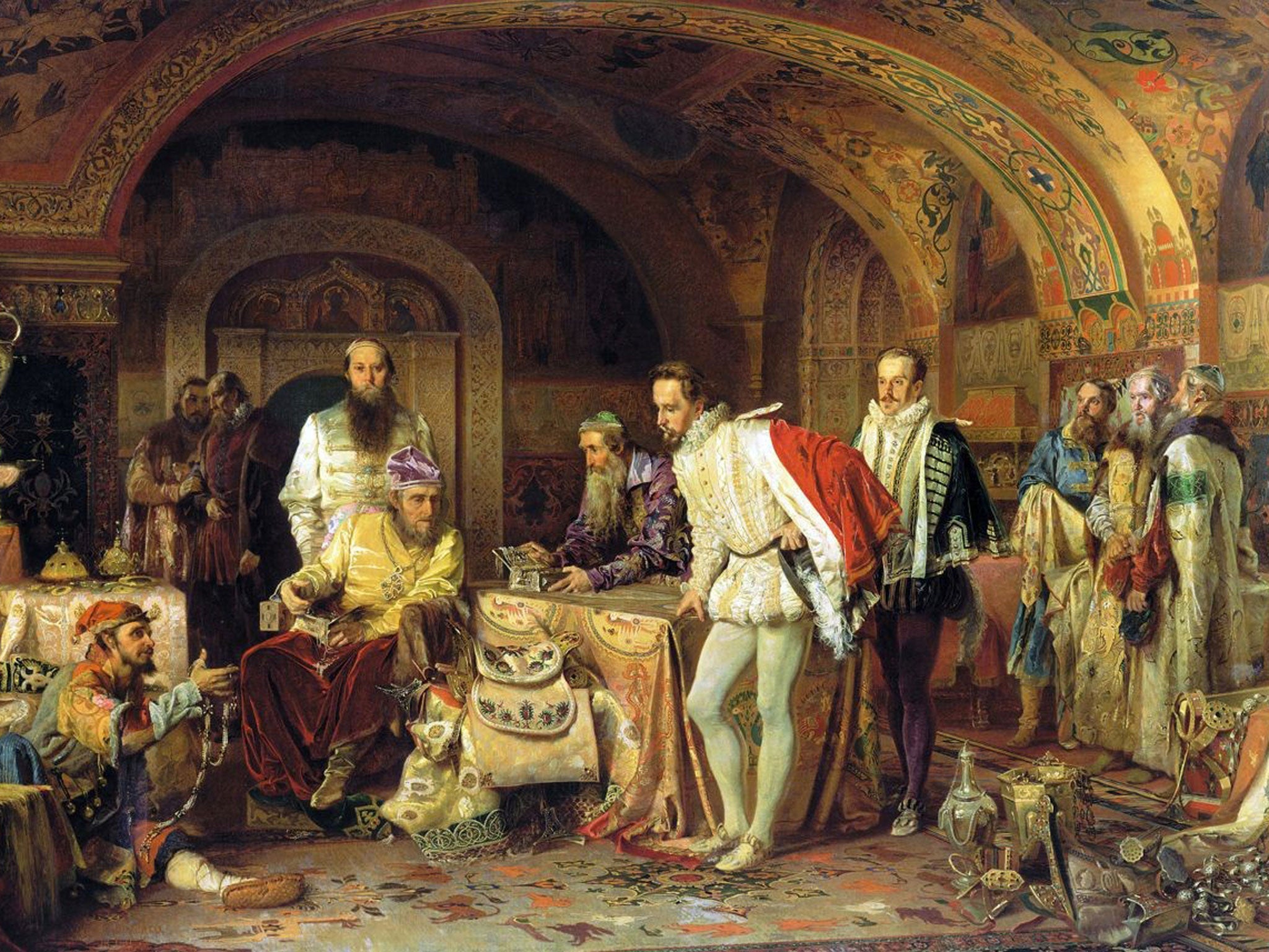 An oil canvas by Alexander Litovchenko from 1875 of Ivan IV of Russia showing his treasures to  the ambassador of Queen Elizabeth I of England