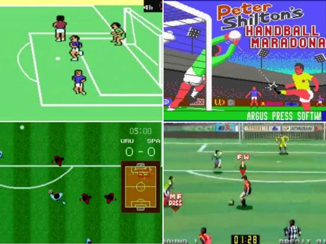 Clockwise from top left: International Soccer, 1983; Handball Maradona, 1986; VersusNet Soccer, 1996; Sega Soccer, 1990