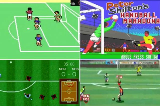 Clockwise from top left: International Soccer, 1983; Handball Maradona, 1986; VersusNet Soccer, 1996; Sega Soccer, 1990