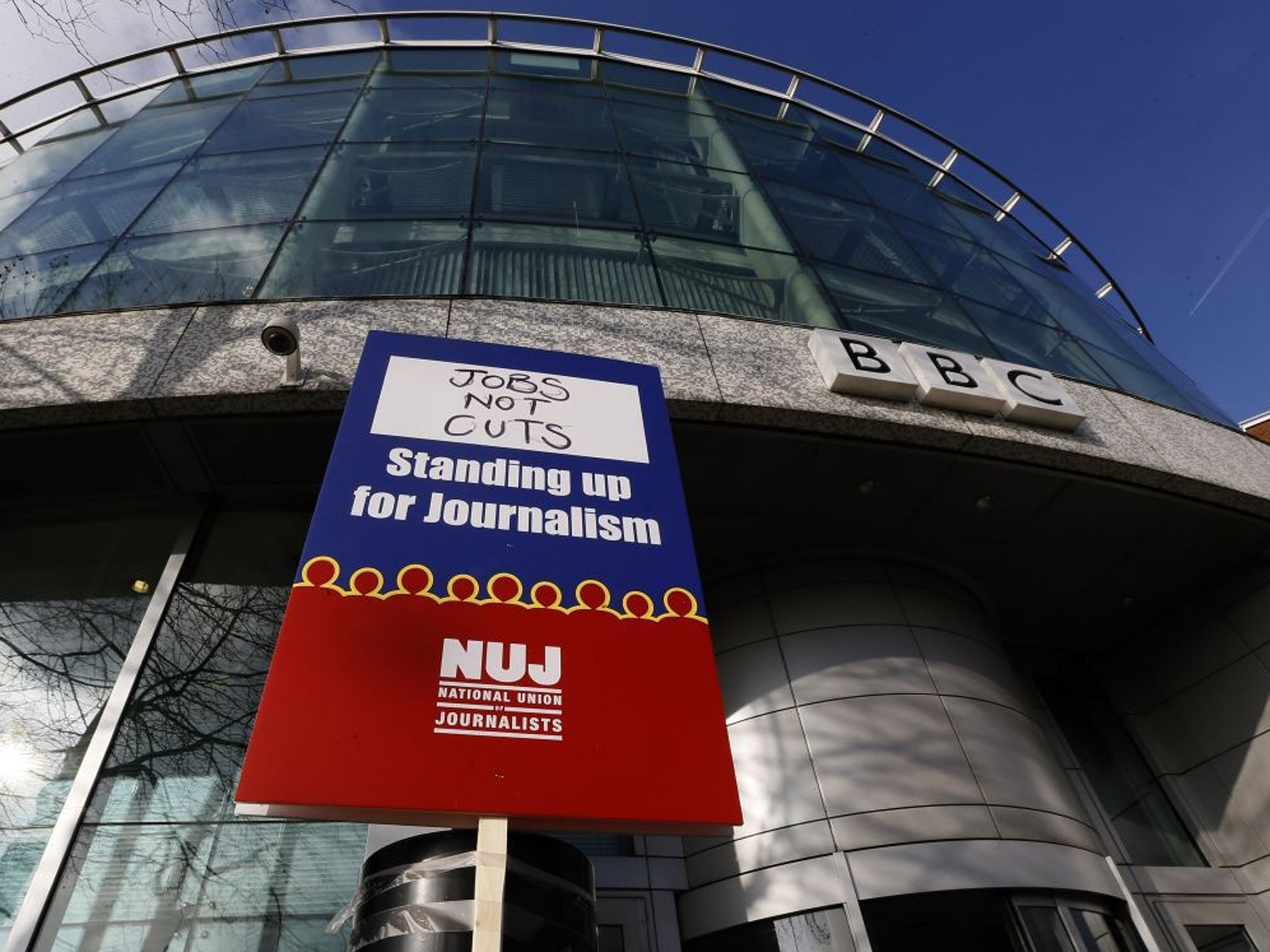 A National Union of Journalists placard taped outside the BBC Television Centre in White City, London