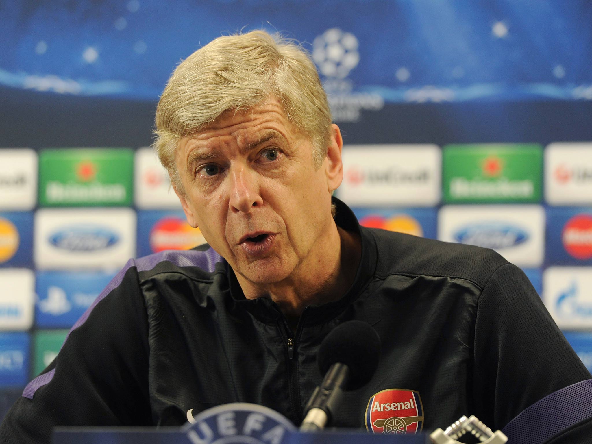 Arsenal manager Arsene Wenger speaks to the media ahead of his side's tie against Bayern Munich