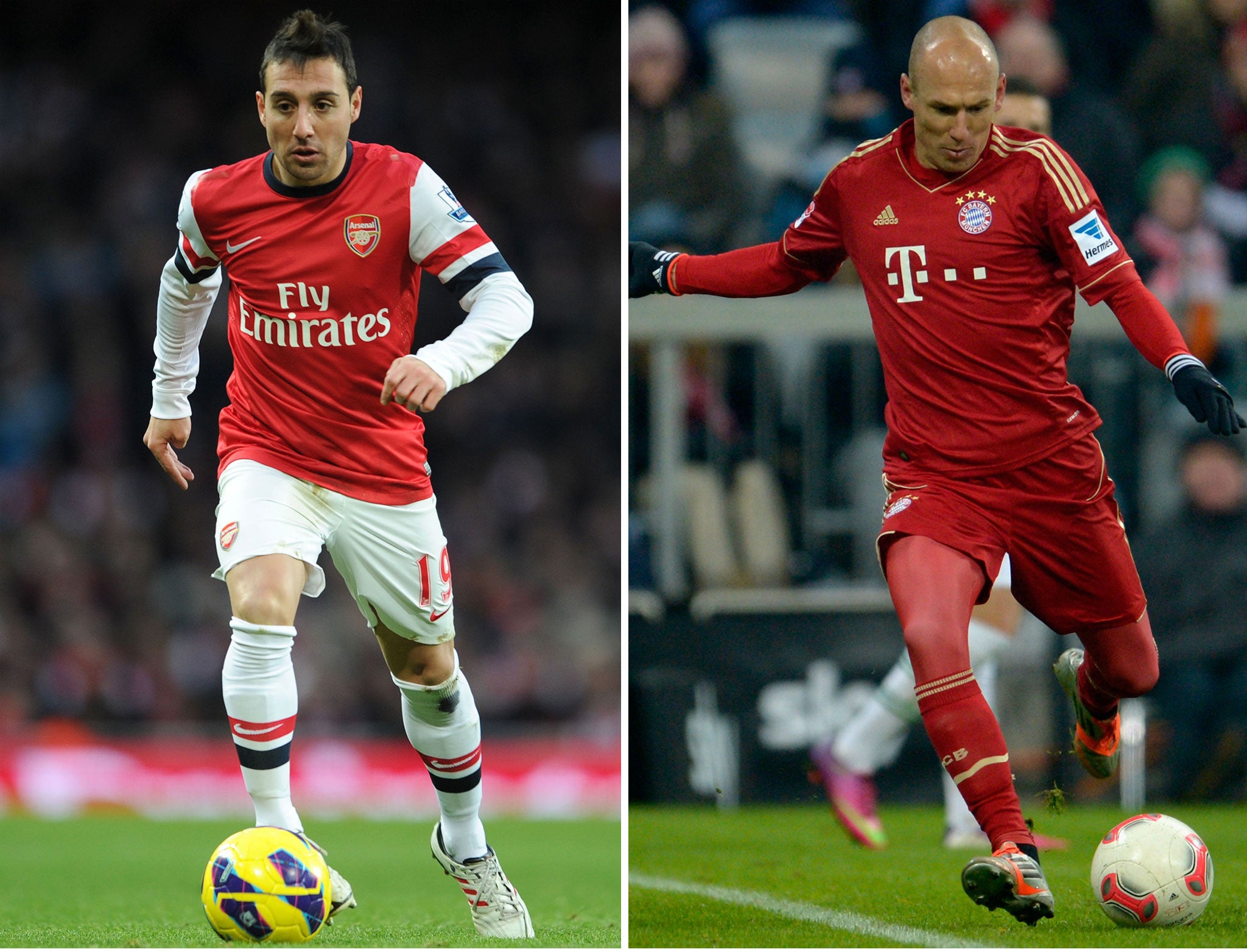 Arsenal's Santi Cazorla (left) and Bayern Munich's Arjen Robben. The two sides face off at The Emirates tonight