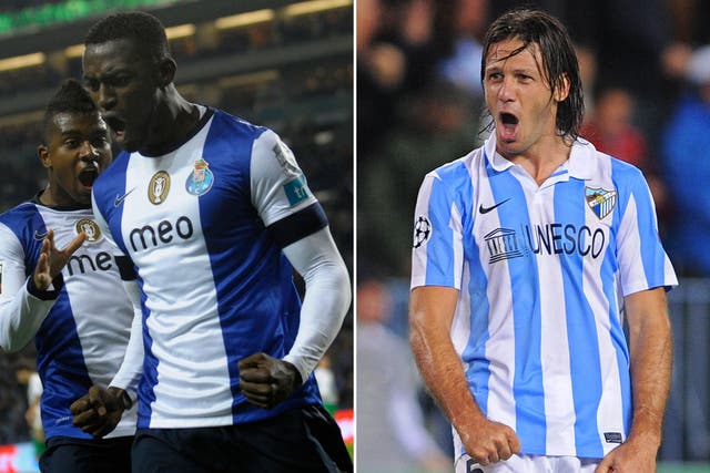 Porto's Jackson Martinez (left) and Malaga's Martin Demichelis (right). The two sides face off in the Champions League tonight