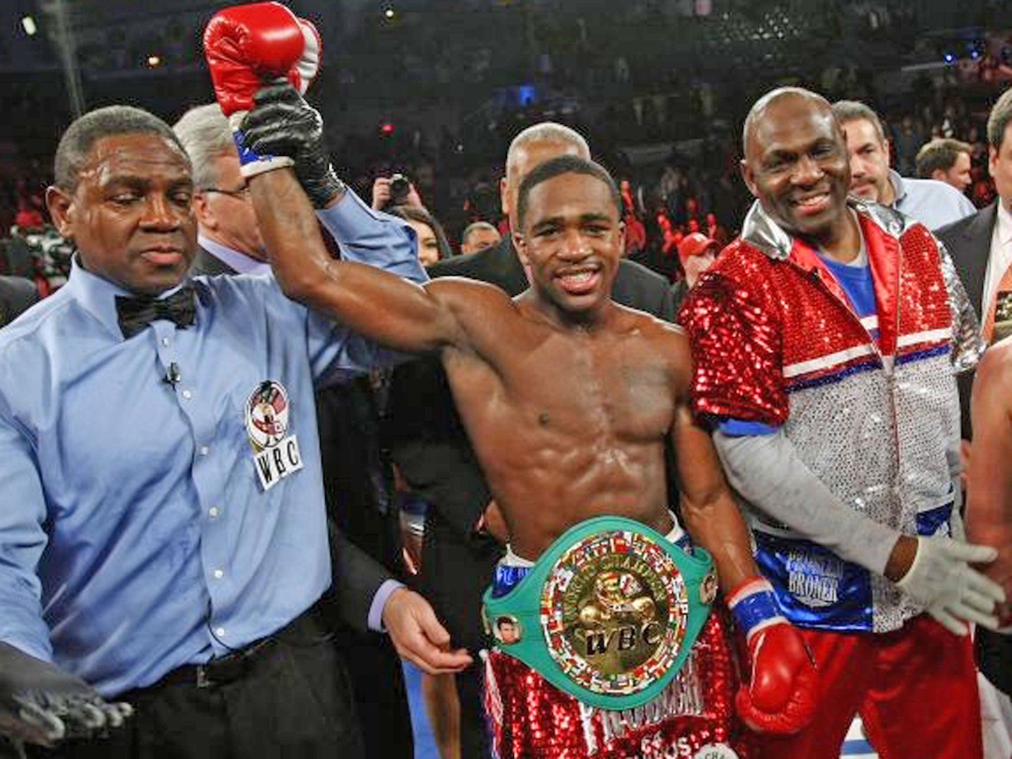 Adrien Broner celebrates after beating Gavin Rees of Britain in their WBC lightweight title match in Atlantic City