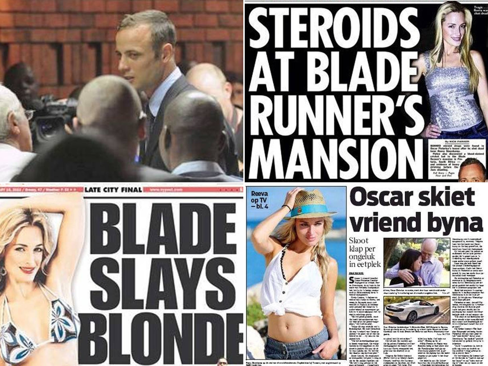 Clockwise from top right: Pistorius in court in Pretoria last week, yesterday's Sun front page, South Africa's Beeld newspaper and the New York Post's front page following the shooting
