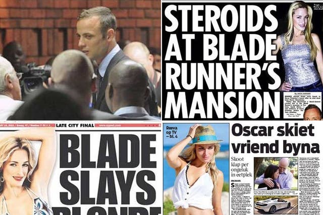 Clockwise from top right: Pistorius in court in Pretoria last week, yesterday's Sun front page, South Africa's Beeld newspaper and the New York Post's front page following the shooting