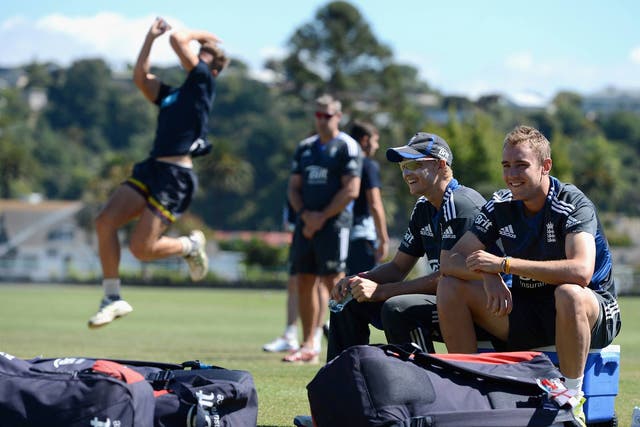 Joe Root and Stuart Broad of England wait to bat during an England nets session at Nelson Park in Napier
