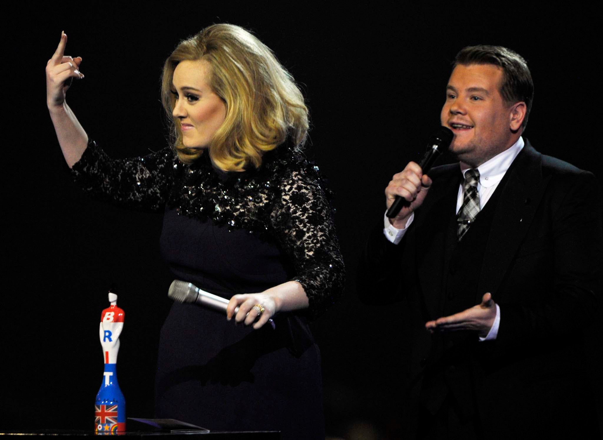 Adele, 2012 Adele gave the finger after James Corden cut short her acceptance speech for British Album of the Year. Corden was under pressure from television producers worried about the show overrunning, who later apologised to the singer. Adele