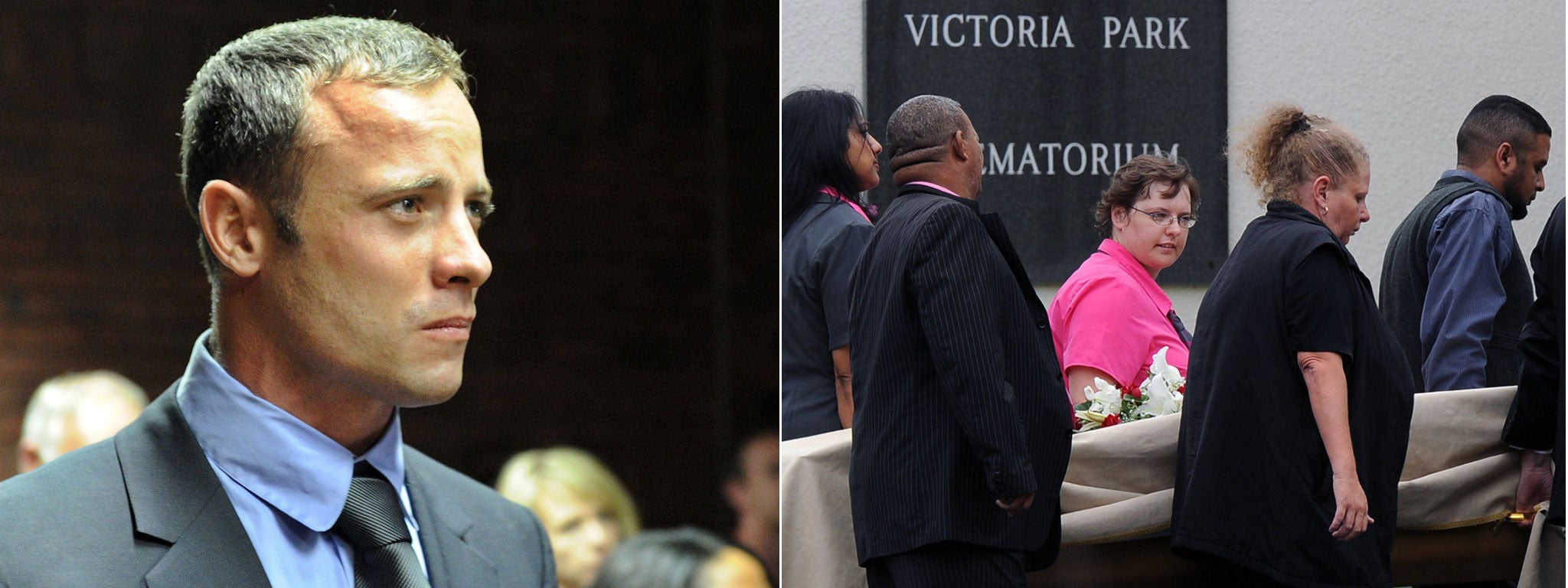 Oscar Pistorius in court; pallbearers carry the coffin of the late South African model Reeva Steenkamp