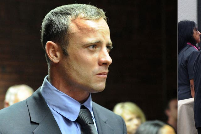 Oscar Pistorius in court; pallbearers carry the coffin of the late South African model Reeva Steenkamp