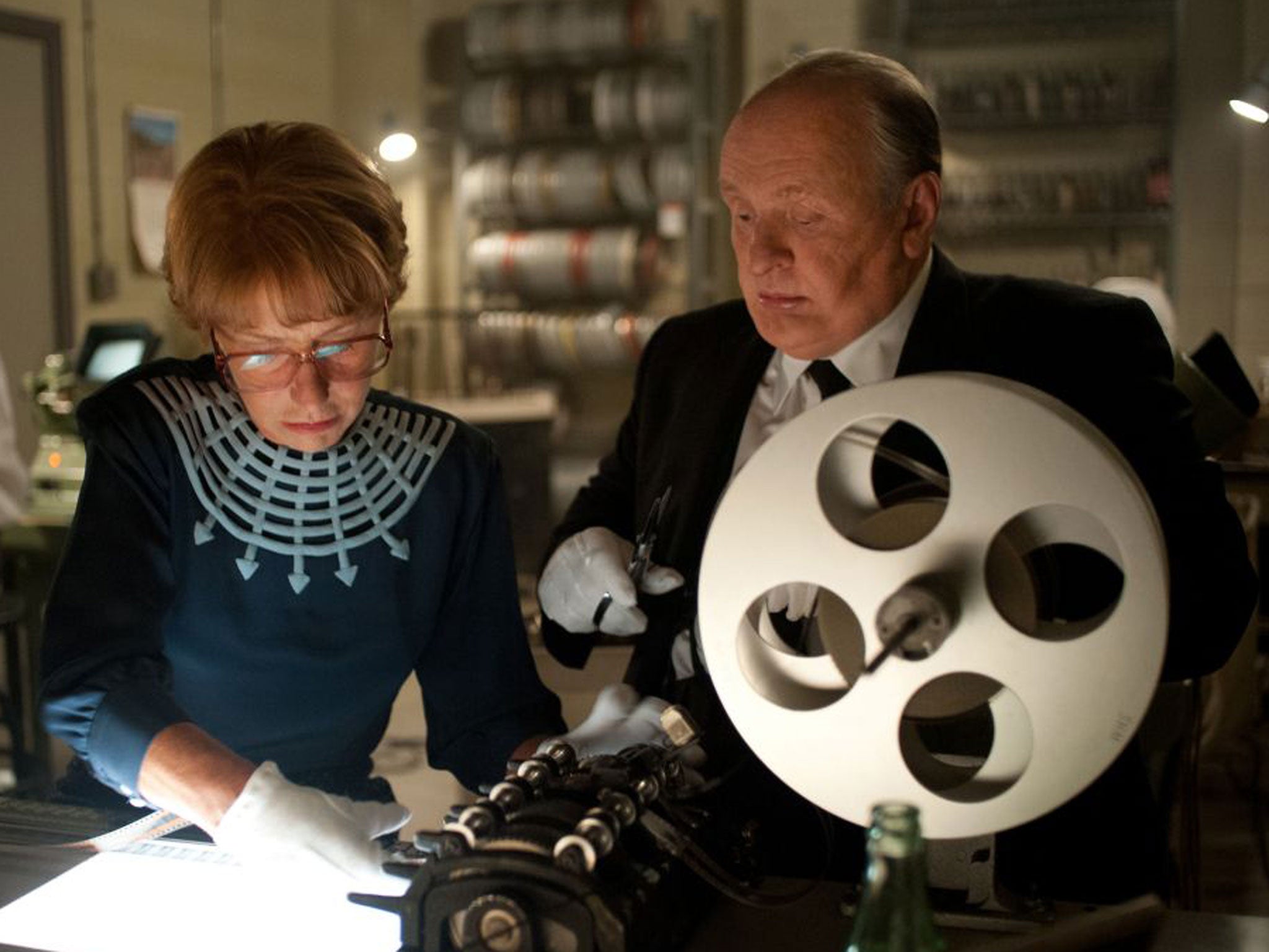 Publicity still from Hitchcock (2012), directed by Sacha Gervasi. Helen Mirren stars as Alma Hitchcock, opposite Anthony Hopkins as her husband, the director Alfred Hitchcock.