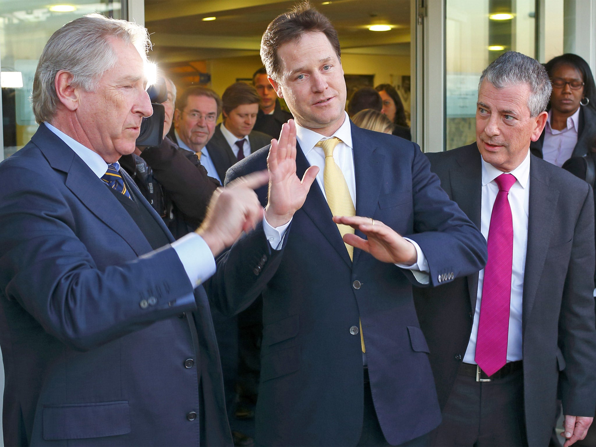 Nick Clegg in Eastleigh with Mike Thornton (right), the party’s prospective candidate and Councillor Rod Bransgrove
