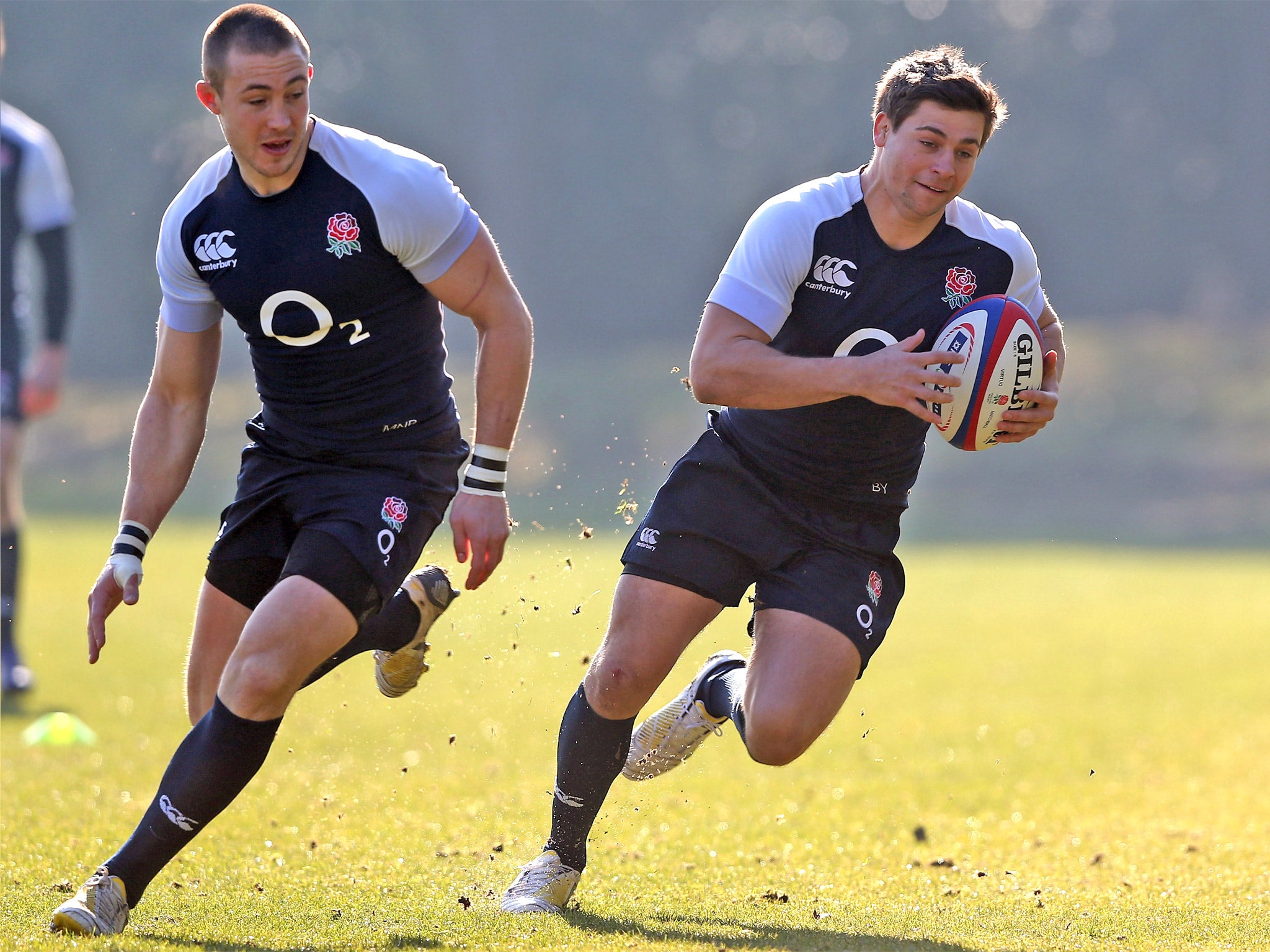 Ben Youngs (right) trains with England wing Mike Brown at Pennyhill Park