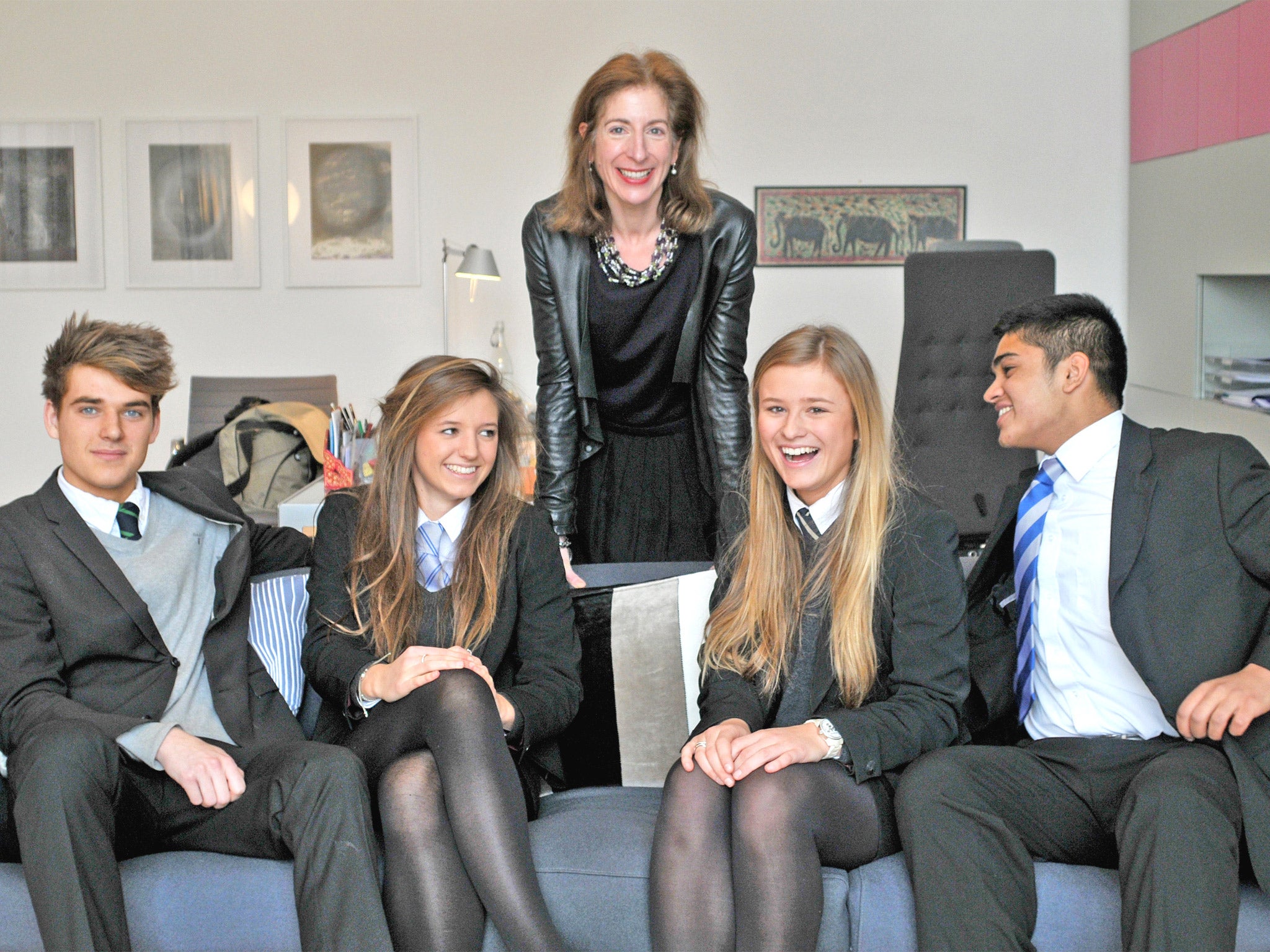 A change of scheme: (main) Sevenoaks School head teacher Katy Ricks with students, left to right: Patrick Thompson, Muryah Bottcher, Hanna Jay and Keyu Sumaria