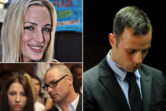 Clockwise from left: Reeva Steenkamp; Oscar Pistorius in court; Amee Pistorius and Carl Pistorius, sister and brother of South African of Oscar Pistorius sit in the gallery of Pretoria magistrates court