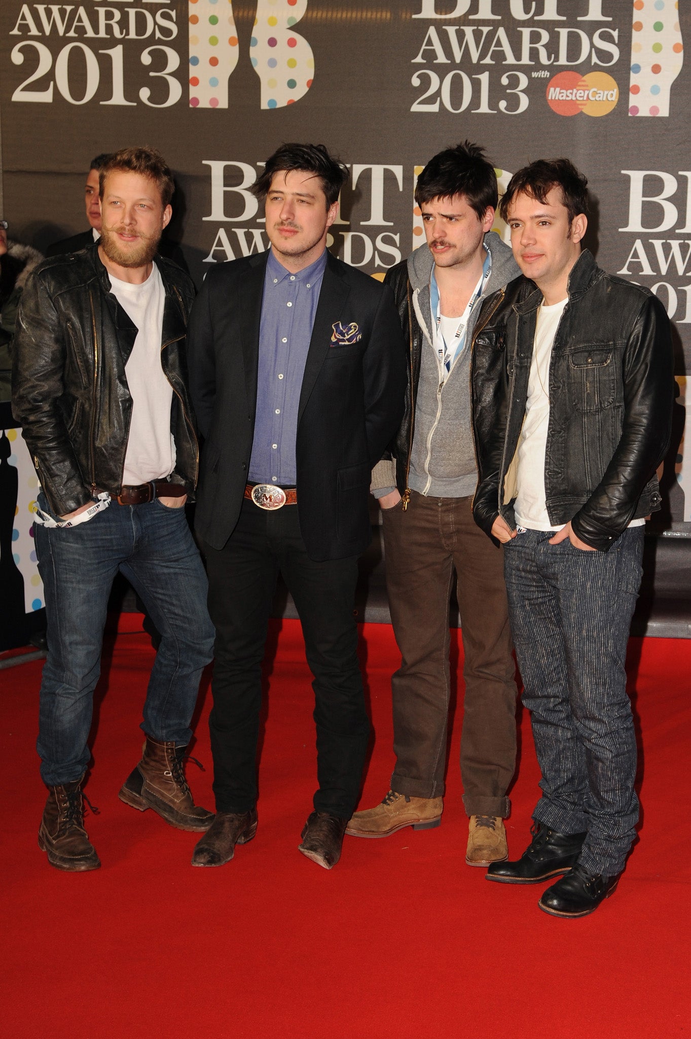 Ted Dwane, Marcus Mumford, Winston-Marshall and Ben Lovett of Mumford & Sons attend the Brit Awards 2013 at the 02 Arena