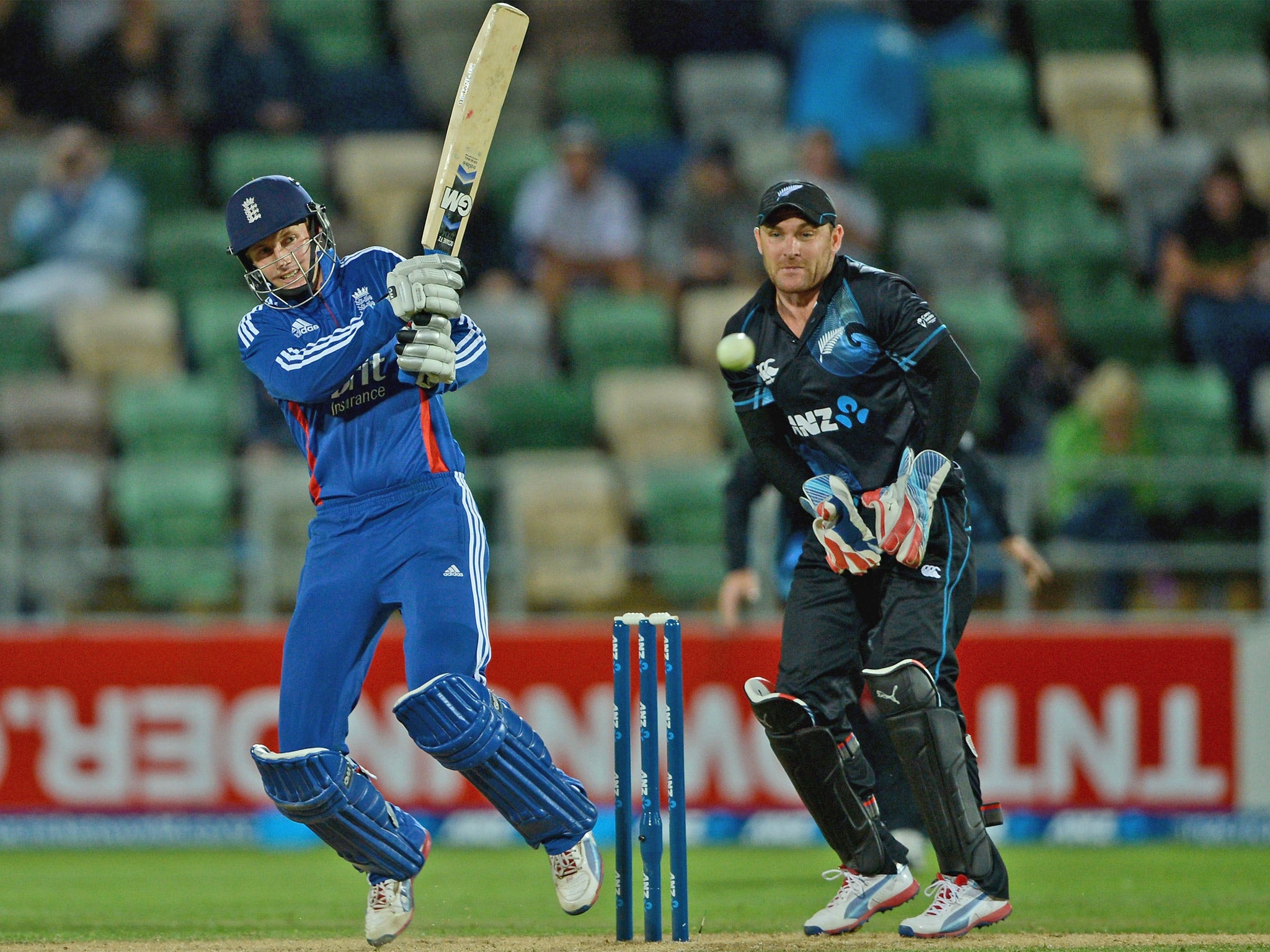 Joe Root hits out on his way to an unbeaten 79 in Napier